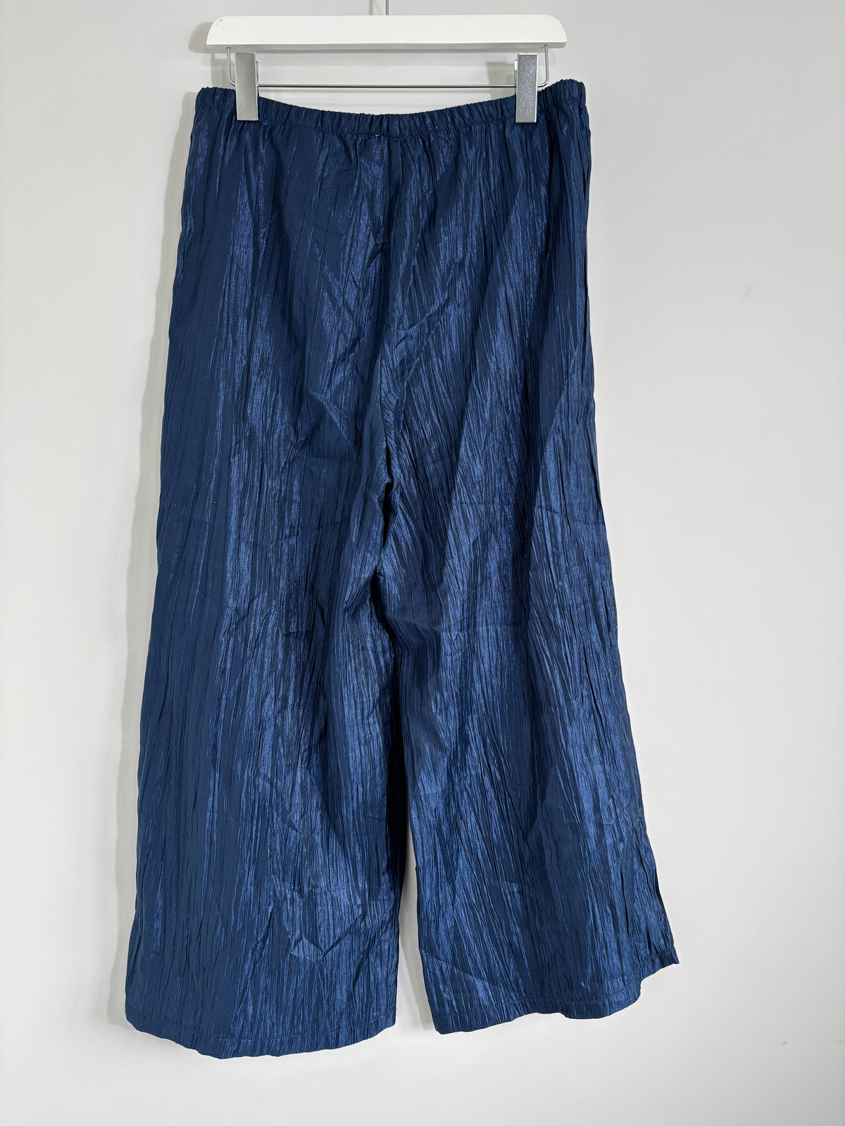 M&S Navy Blue Crinkle Wide Leg Trousers Elasticated Waist UK 14 Short
