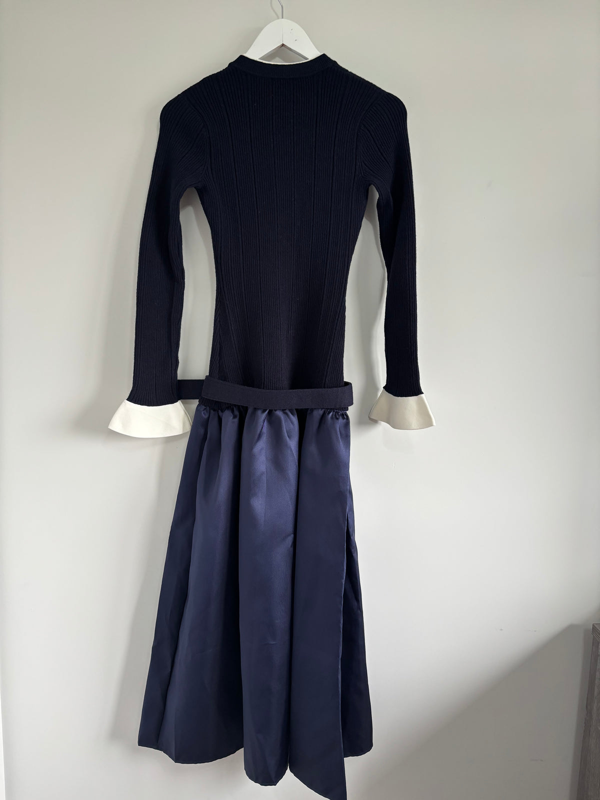 Miss Rosier Fern Navy Blue Satin Panel Knit Midi Dress – Size XL UK 12-14