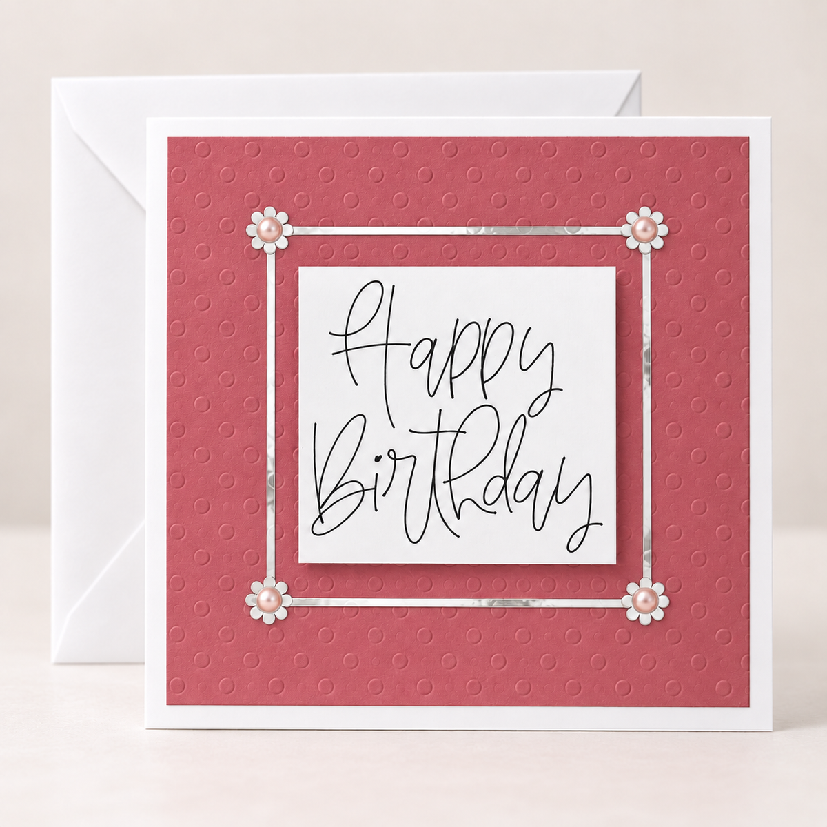 Handmade Birthday Card 15cm x 15cm Pink