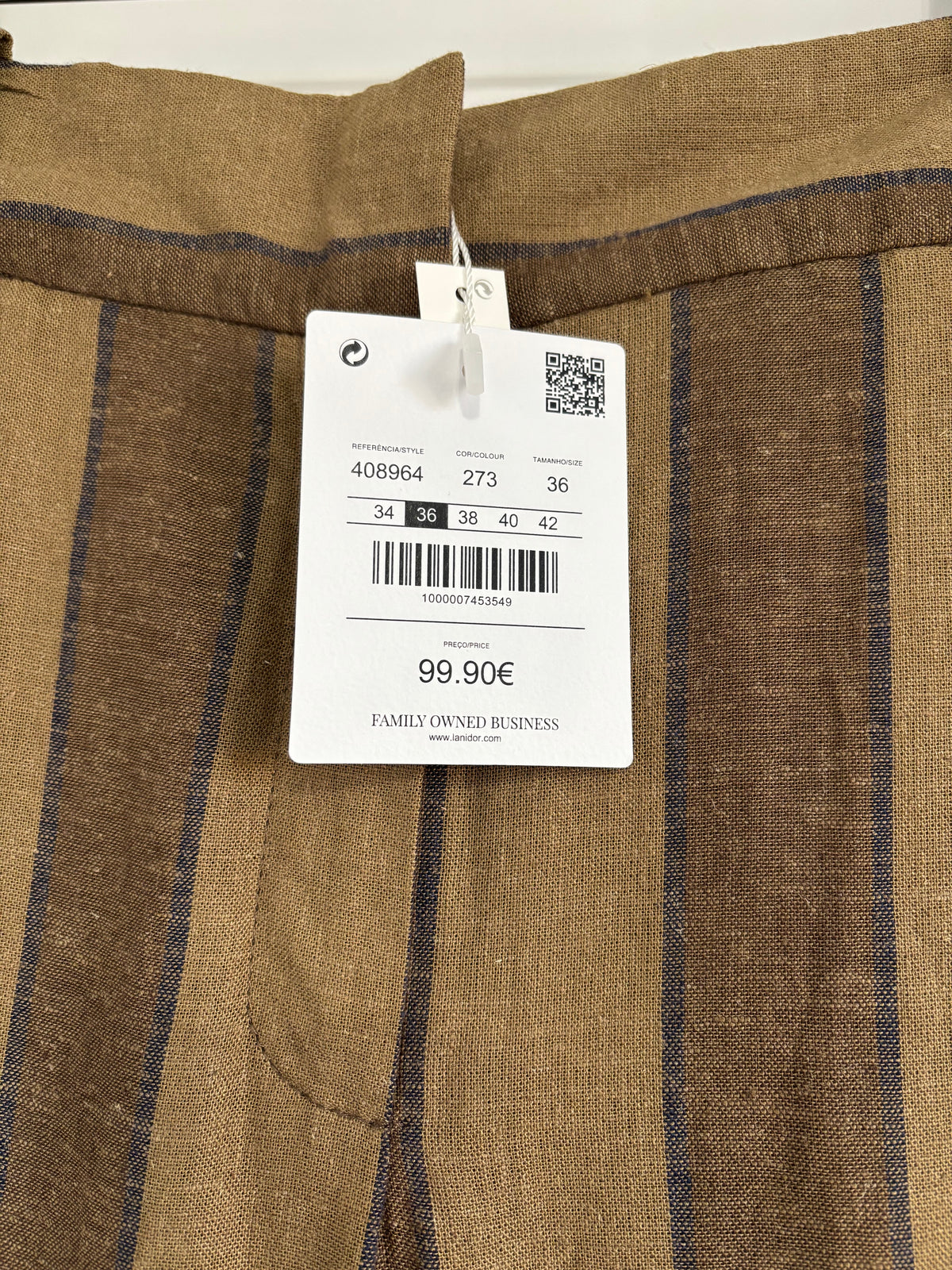 Lanidor Linen Blend Khaki & Brown Striped Wide Leg Trousers EU 36 UK Size 8