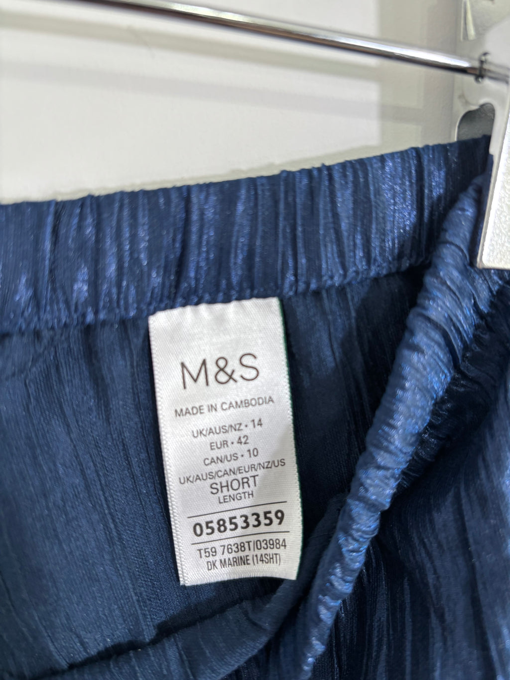 M&S Navy Blue Crinkle Wide Leg Trousers Elasticated Waist UK 14 Short