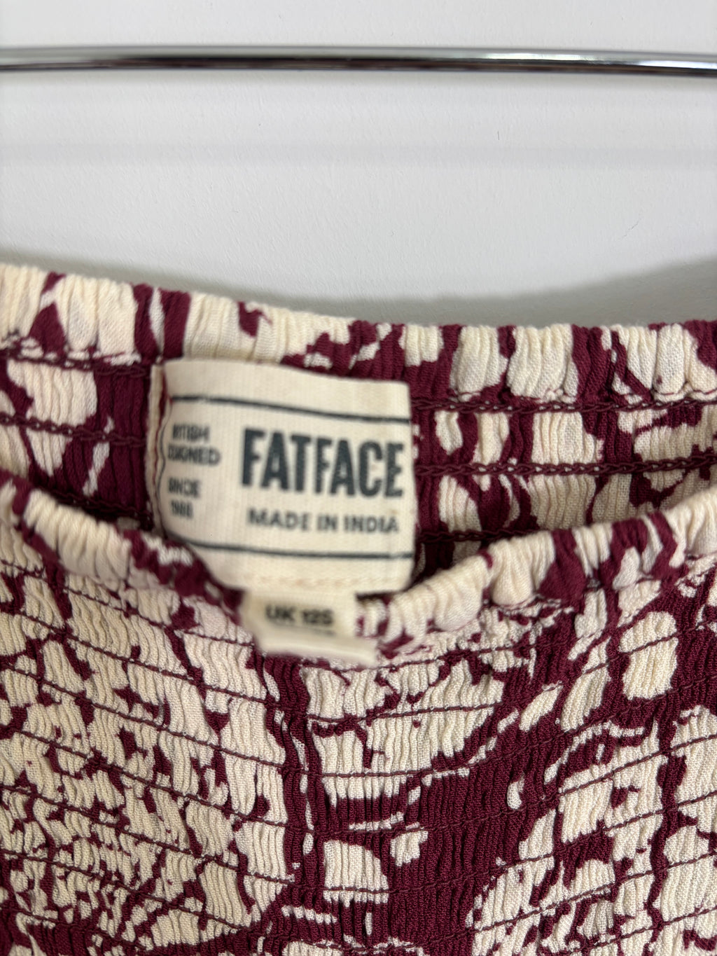FatFace Burgundy Red & Cream Wide Leg Trousers Shirred Waist UK 12 Short