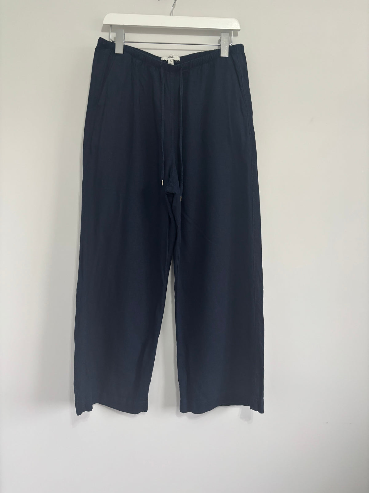 M&S Navy Linen Blend Wide Leg Trousers Elasticated Waist UK 14 Short