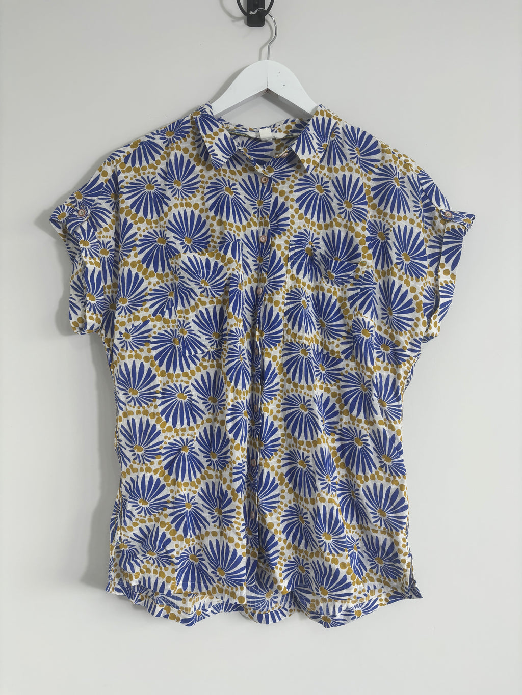 White Stuff Women’s Floral Print Organic Cotton Shirt – Blue & Mustard – UK 14