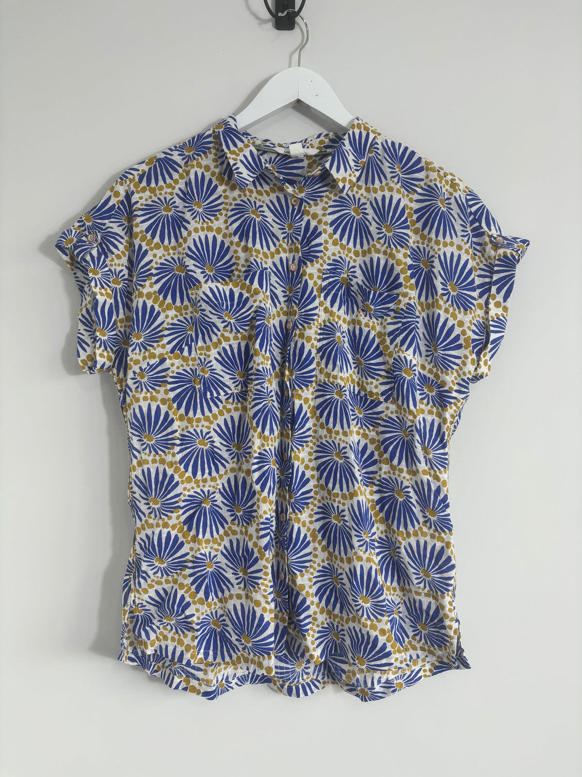 White Stuff Women’s Floral Print Organic Cotton Shirt – Blue & Mustard – UK 14