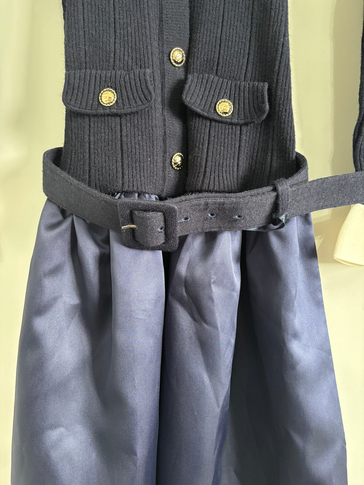 Miss Rosier Fern Navy Blue Satin Panel Knit Midi Dress – Size XL UK 12-14
