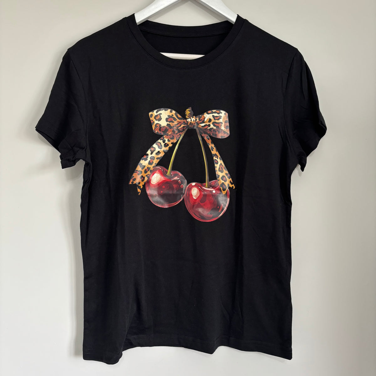 SHEIN Women’s Cherry and Leopard Print Bow T-Shirt Size Large BNWOT