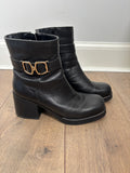 M&S Black Leather Ankle Boots Gold Buckle Block Heel Side Zip UK 6
