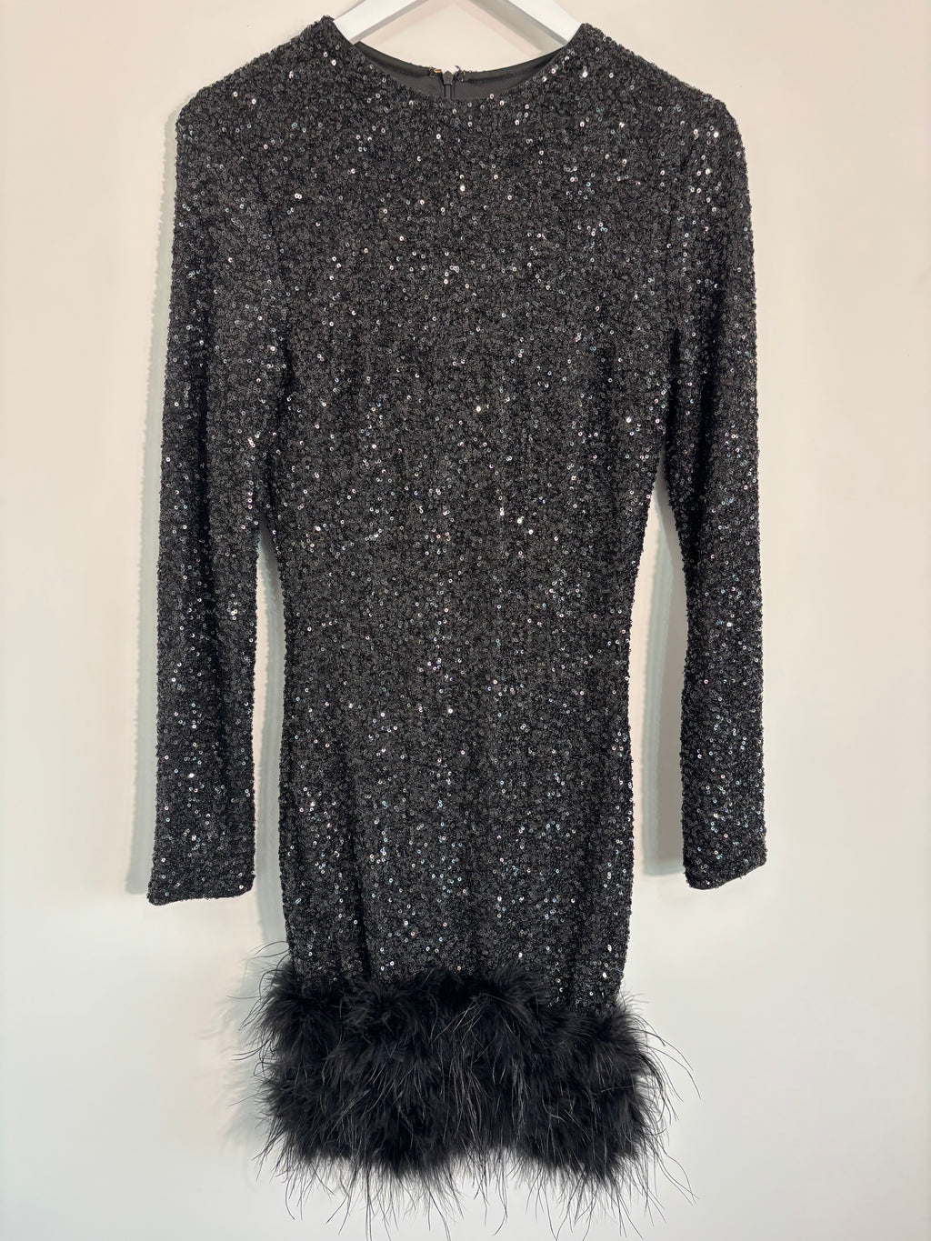 Club L London Black Sequin Dress with Feather Trim – UK 10
