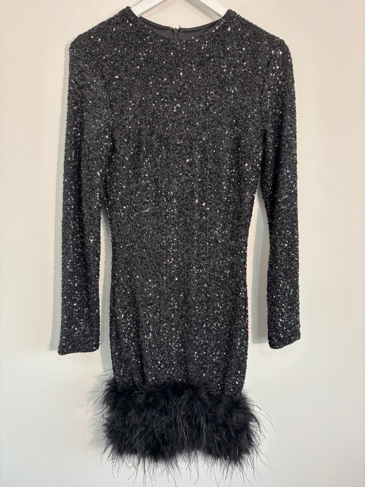 Club L London Black Sequin Dress with Feather Trim – UK 10