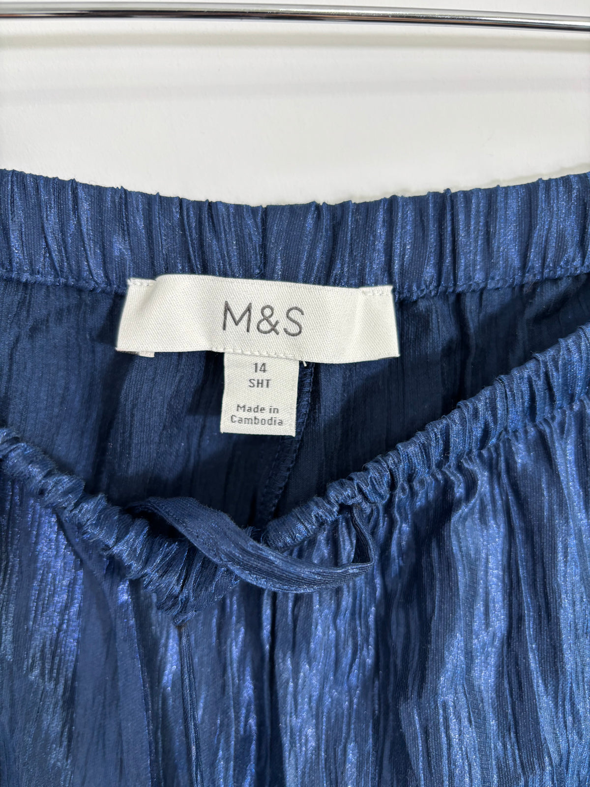M&S Navy Blue Crinkle Wide Leg Trousers Elasticated Waist UK 14 Short