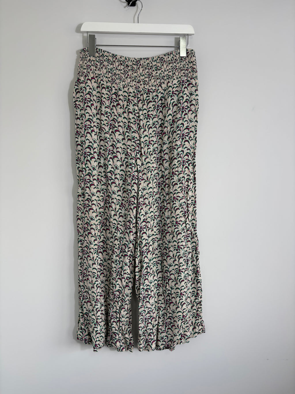 FatFace Wide Leg Trousers Cream Green Pink Print Shirred Waist UK 12R