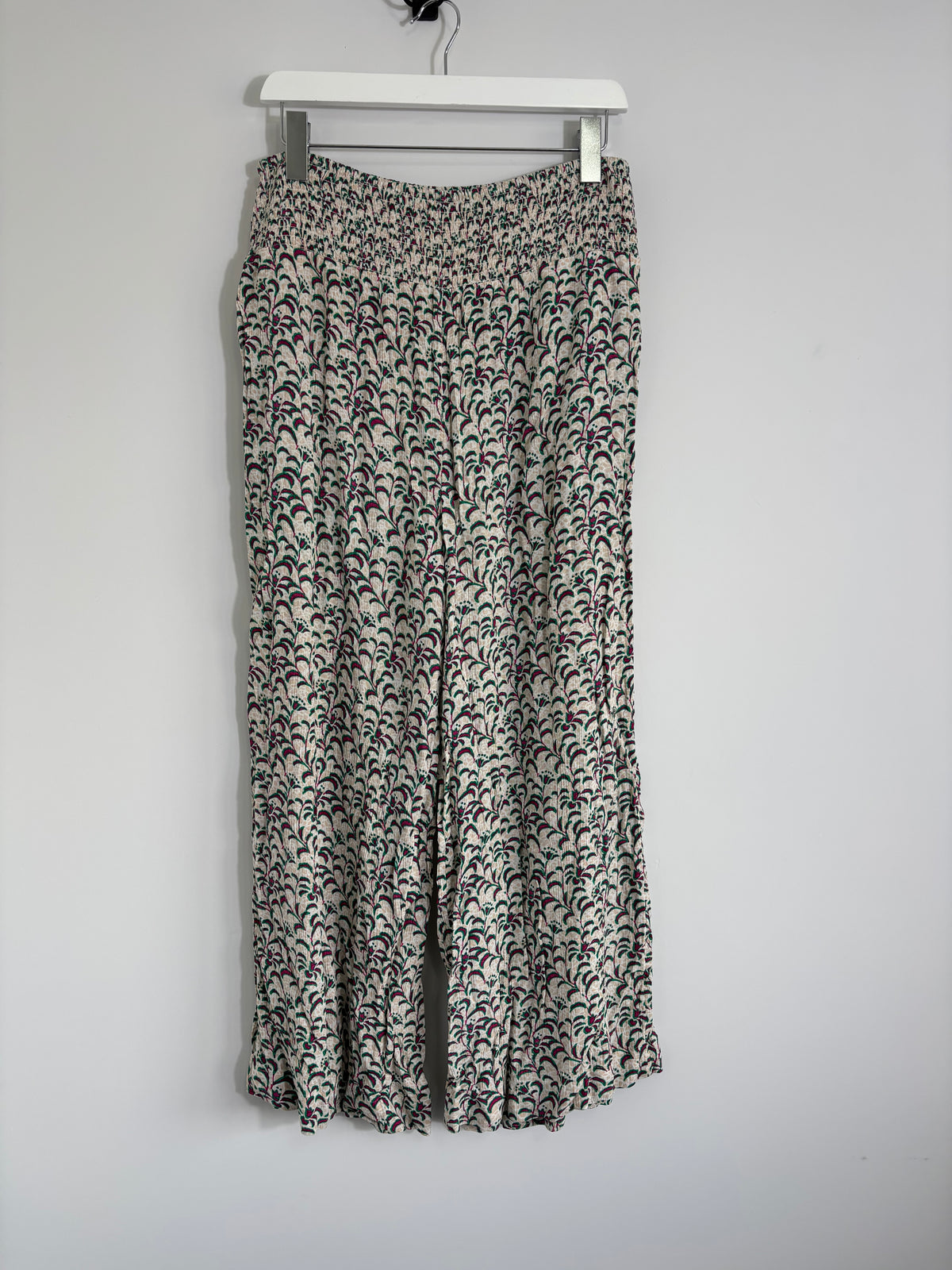 FatFace Wide Leg Trousers Cream Green Pink Print Shirred Waist UK 12R