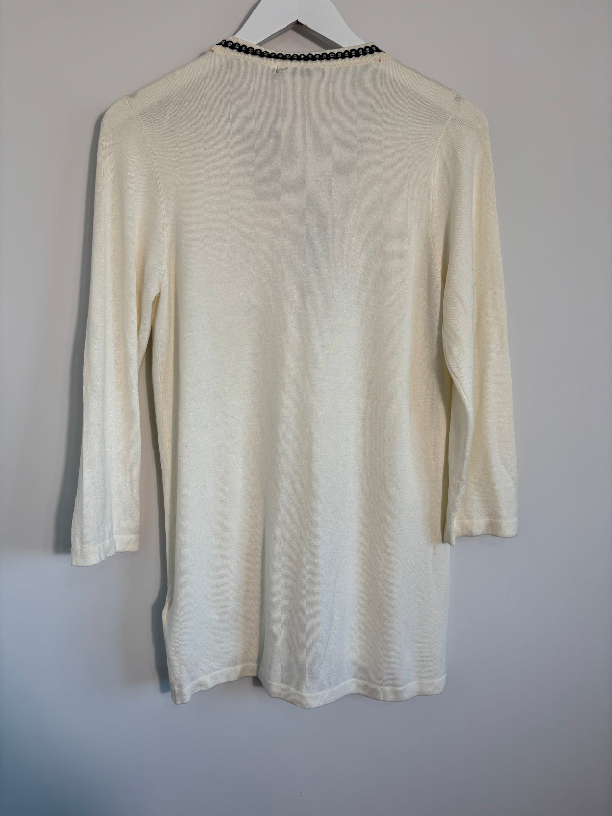 Soaked in Luxury Cream Long Cardigan Black Trim Pockets Size S BNWT
