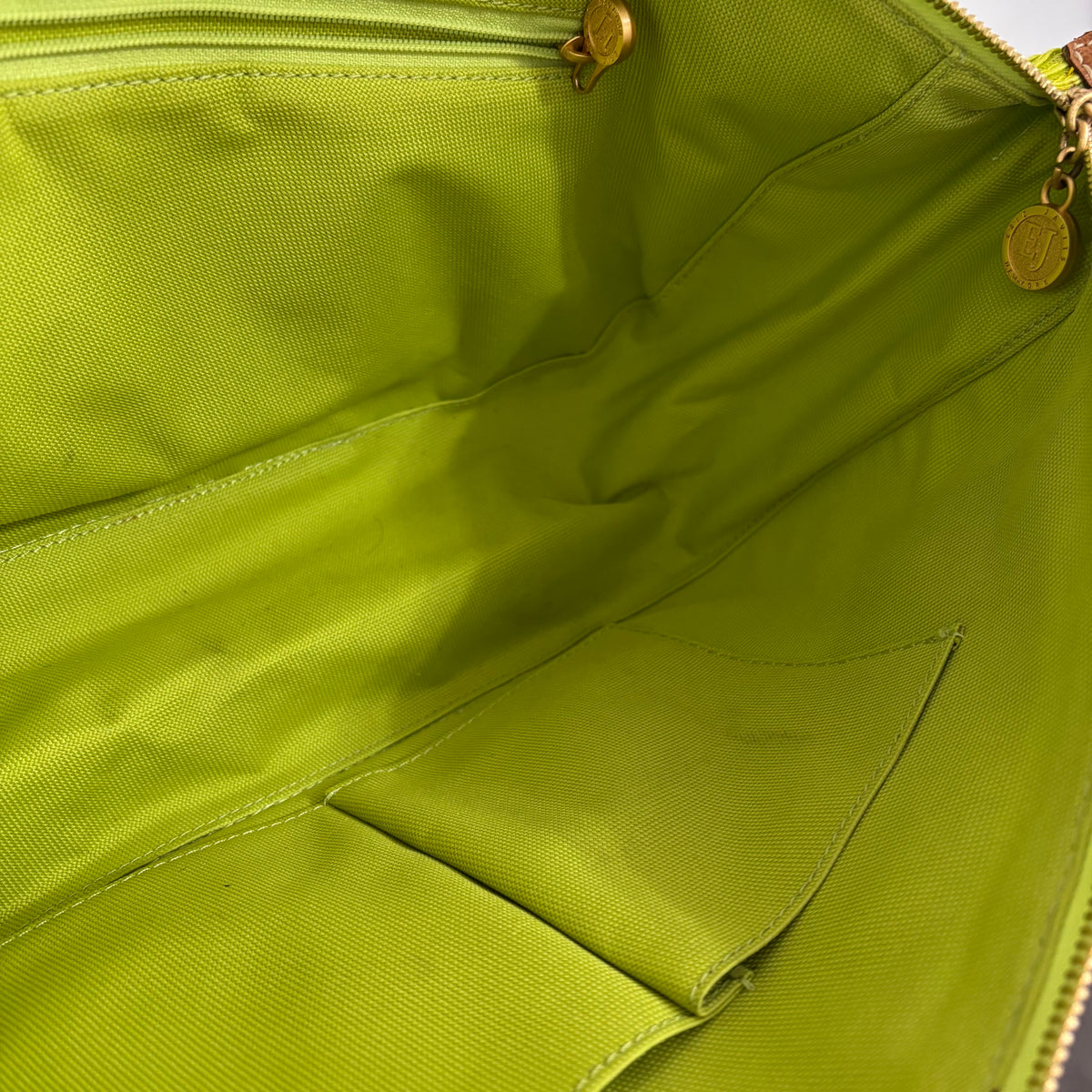 Eric Javits Lime Green Woven Tote Bag – Tan Leather & Gold Hardware