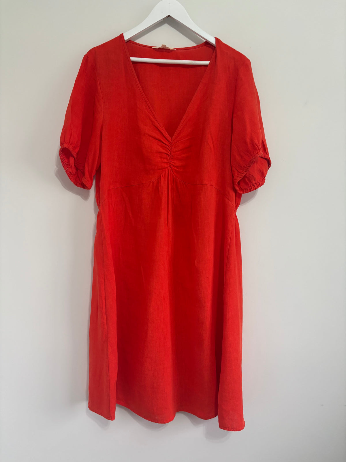 Part Two Red 100% Linen Ruched V Neck Dress UK 14 EU 42