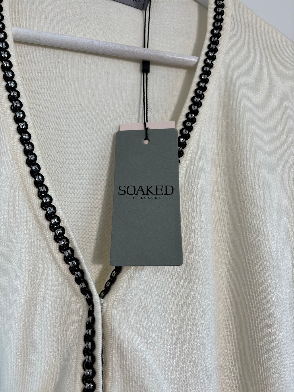 Soaked in Luxury Cream Long Cardigan Black Trim Pockets Size S BNWT