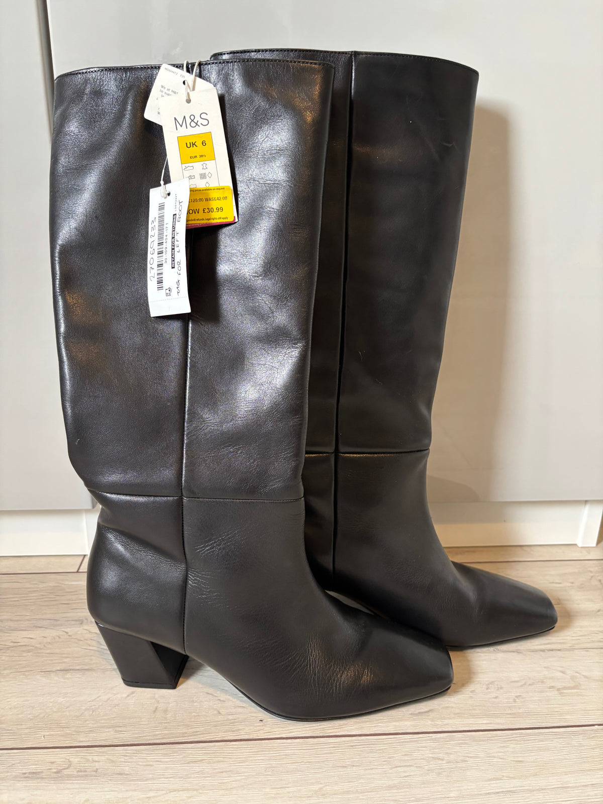 M&S Black Leather Long Boots UK 6
