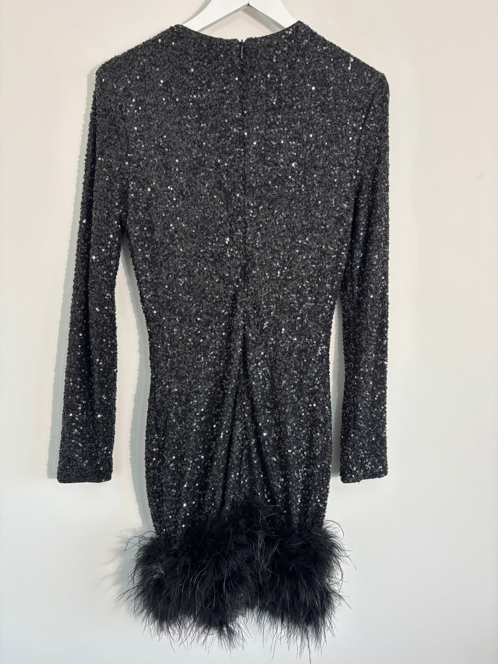 Club L London Black Sequin Dress with Feather Trim – UK 10