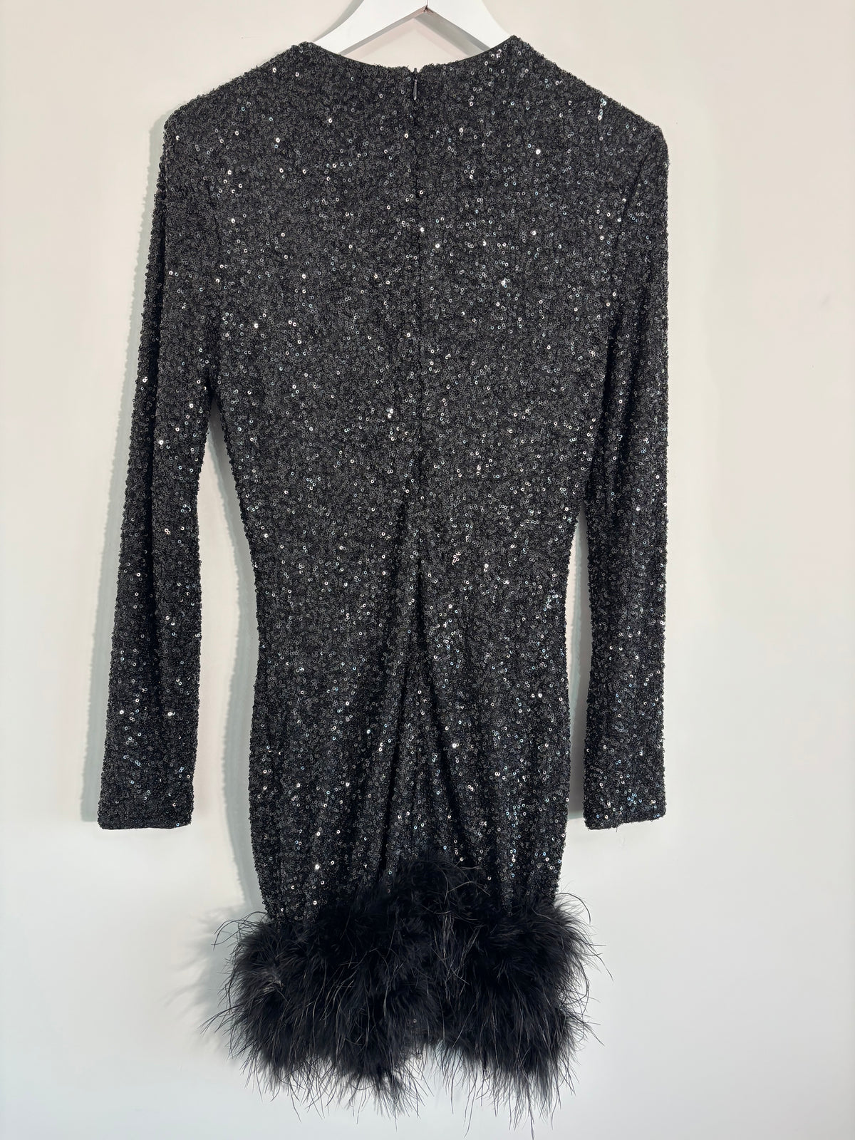 Club L London Black Sequin Dress with Feather Trim – UK 10