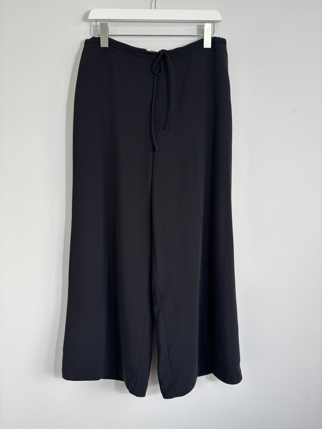 M&S Ladies Black Wide Leg Trousers Elasticated Drawstring Waist Size 14 Short