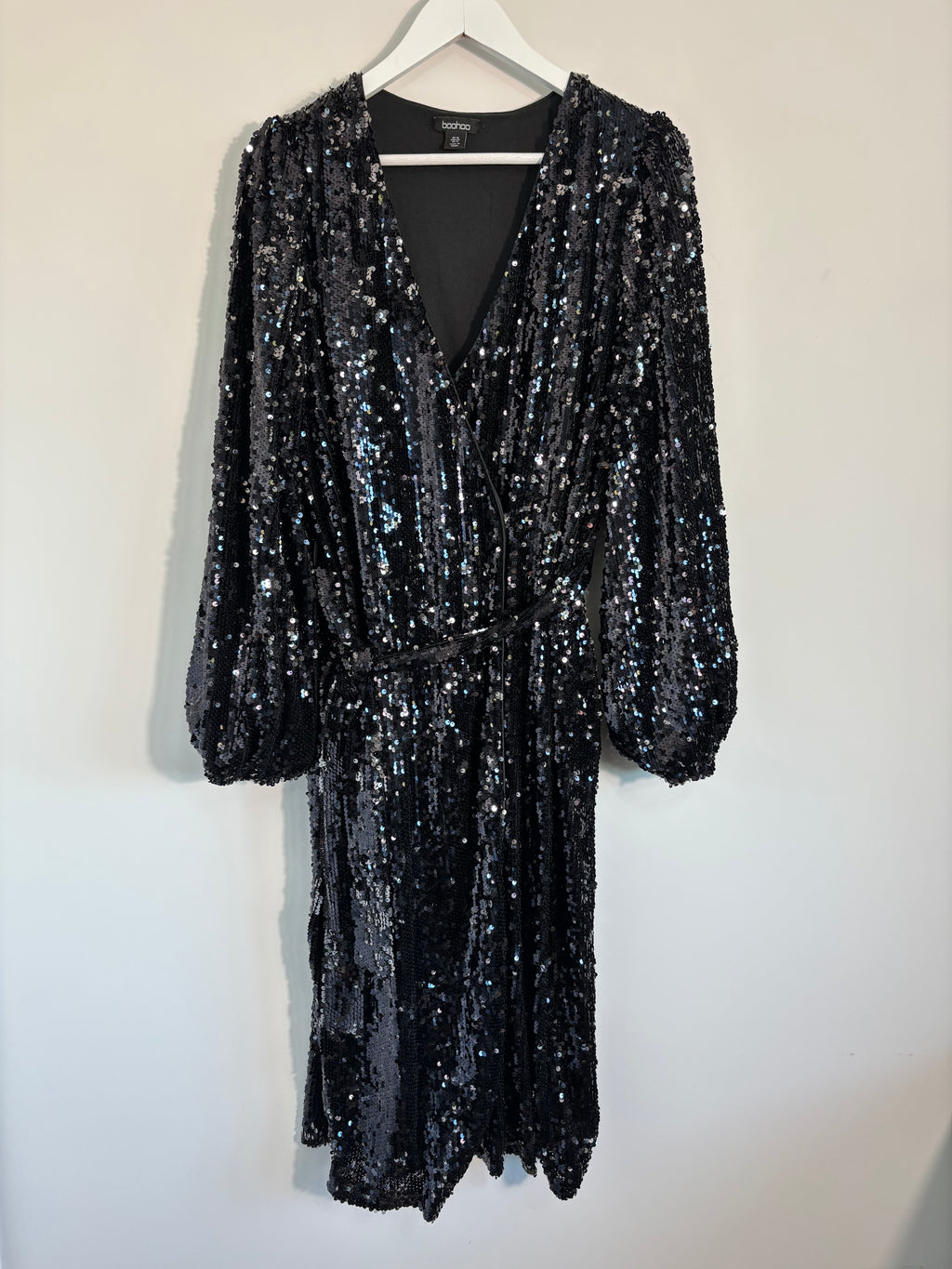 Boohoo Black Sequin Wrap Midi Dress – Size 16