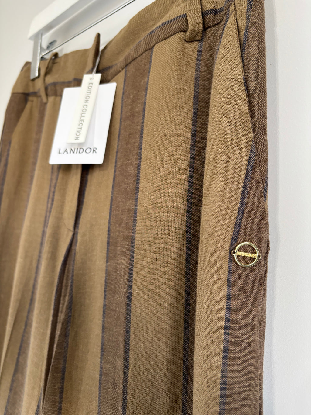 Lanidor Linen Blend Khaki & Brown Striped Wide Leg Trousers EU 36 UK Size 8