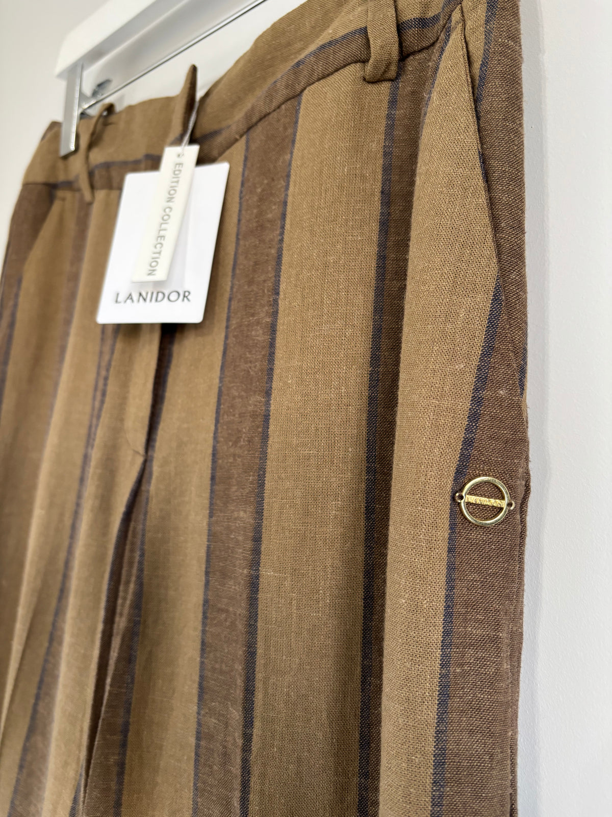 Lanidor Linen Blend Khaki & Brown Striped Wide Leg Trousers EU 36 UK Size 8