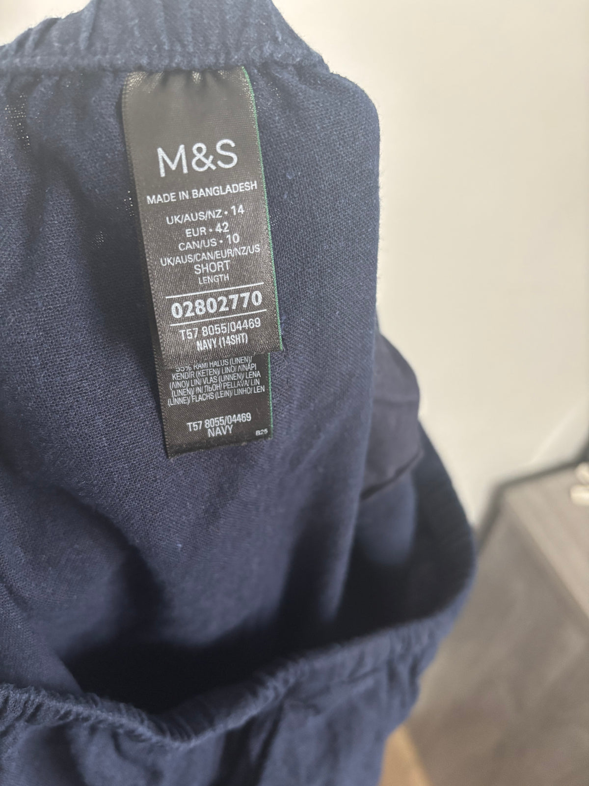 M&S Navy Linen Blend Wide Leg Trousers Elasticated Waist UK 14 Short