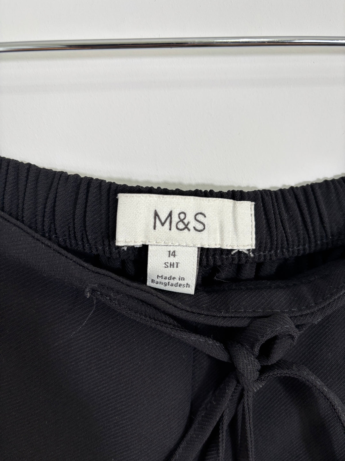 M&S Ladies Black Wide Leg Trousers Elasticated Drawstring Waist Size 14 Short