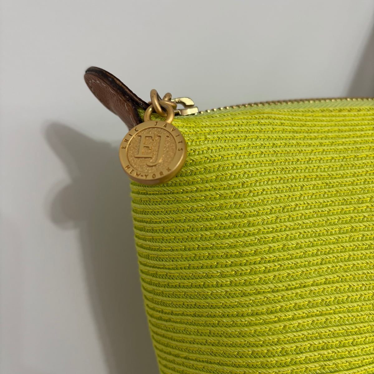 Eric Javits Lime Green Woven Tote Bag – Tan Leather & Gold Hardware