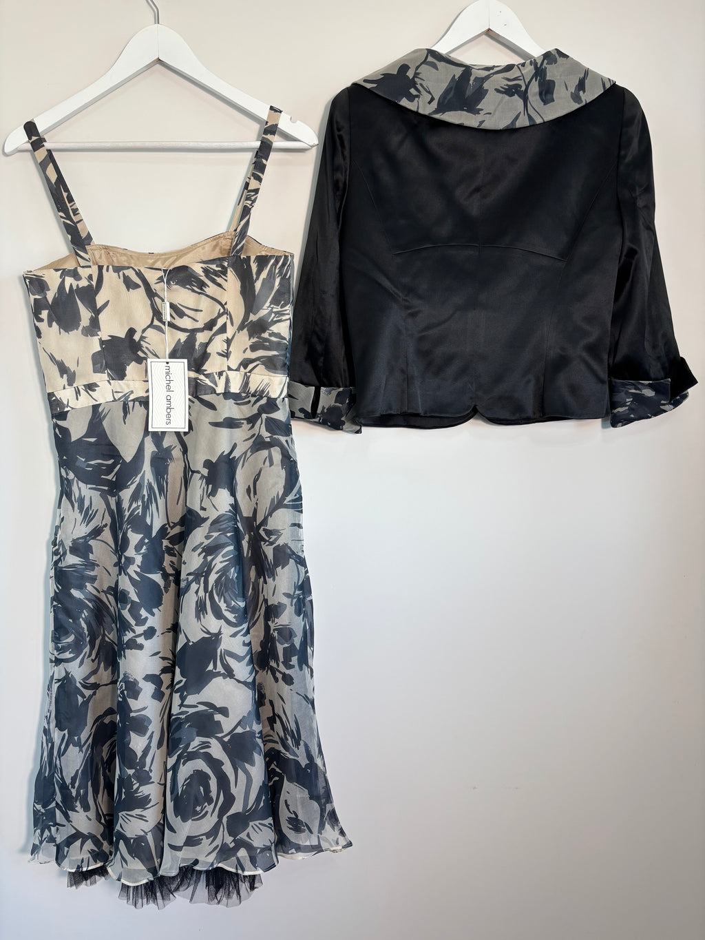 Michel Ambers 100% Silk Dress & Jacket Set UK 10 Floral Occasion BNWT