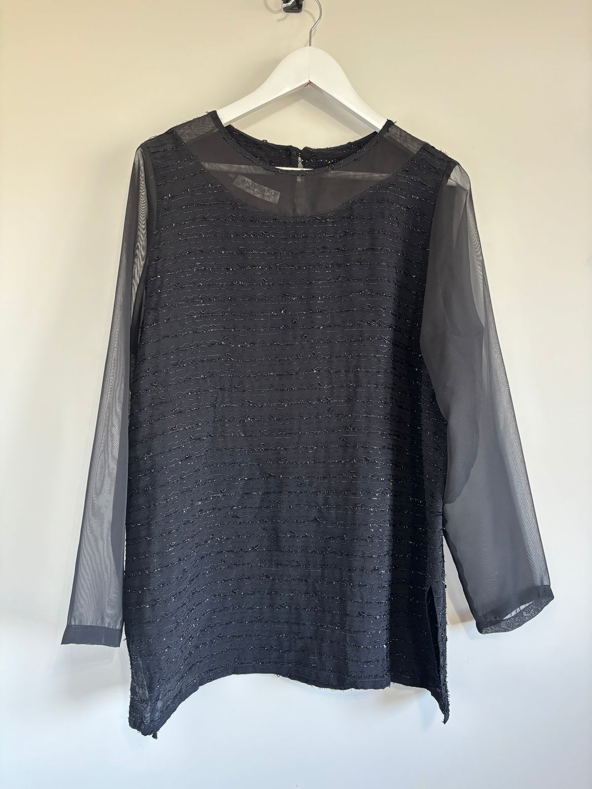 Artigiano Made in Italy Black Textured Sparkle Sheer Sleeve Top UK 14