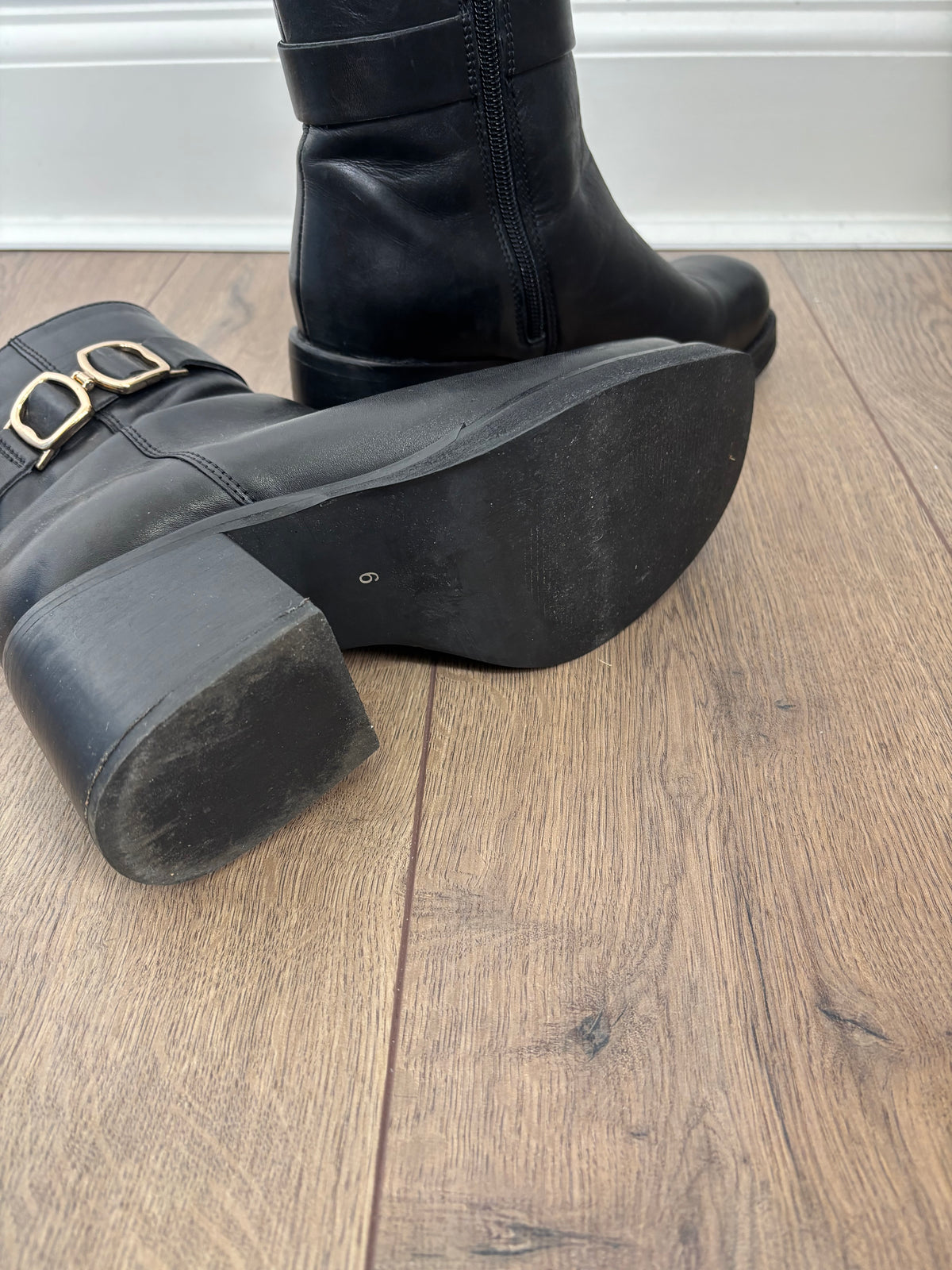M&S Black Leather Ankle Boots Gold Buckle Block Heel Side Zip UK 6