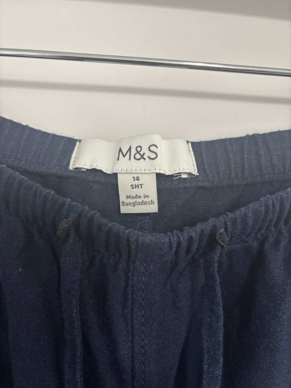 M&S Navy Linen Blend Wide Leg Trousers Elasticated Waist UK 14 Short
