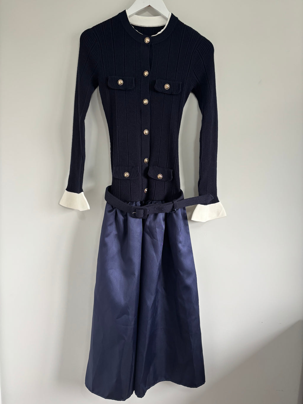 Miss Rosier Fern Navy Blue Satin Panel Knit Midi Dress – Size XL UK 12-14