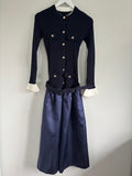 Miss Rosier Fern Navy Blue Satin Panel Knit Midi Dress – Size XL UK 12-14