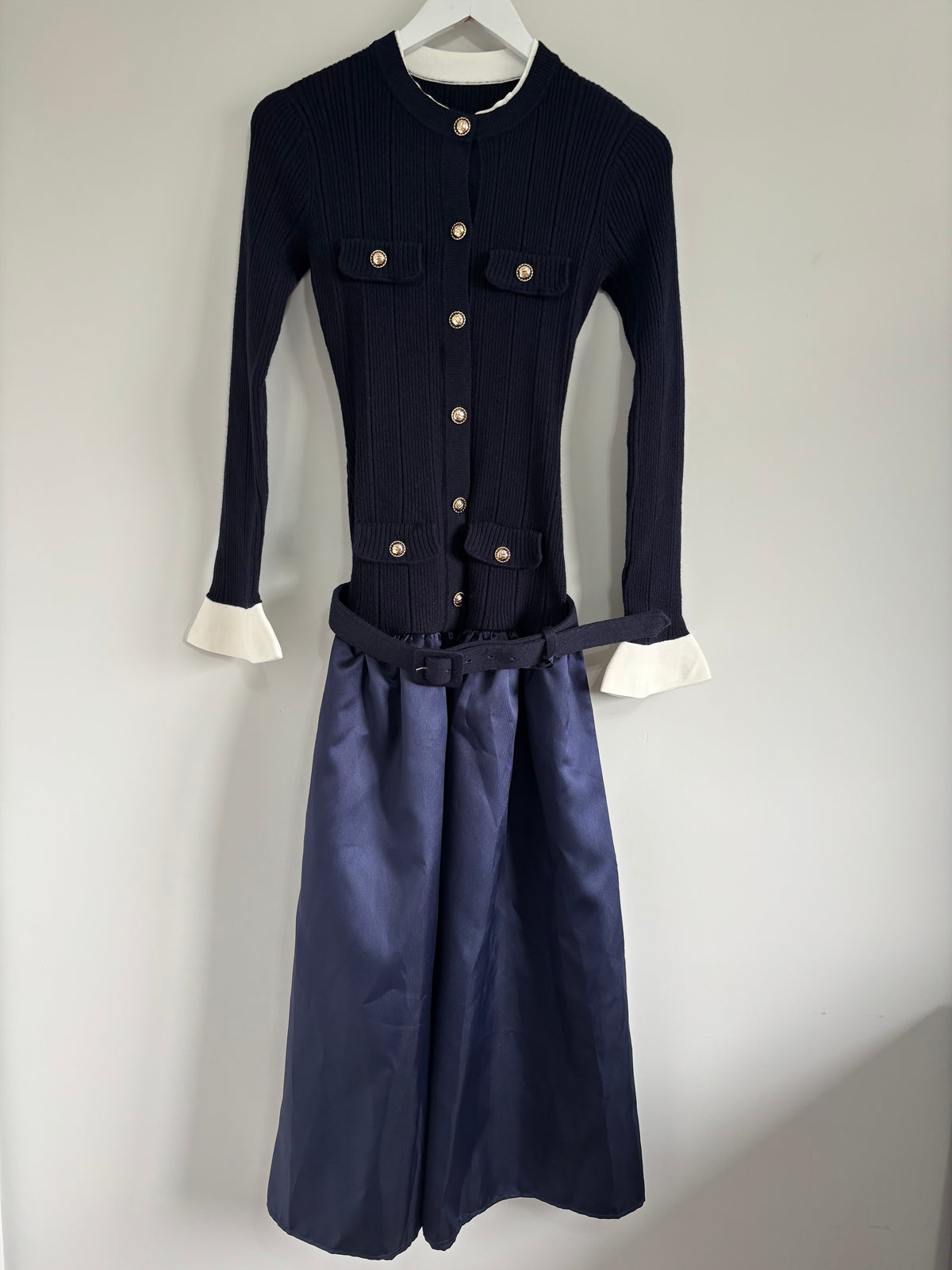 Miss Rosier Fern Navy Blue Satin Panel Knit Midi Dress – Size XL UK 12-14