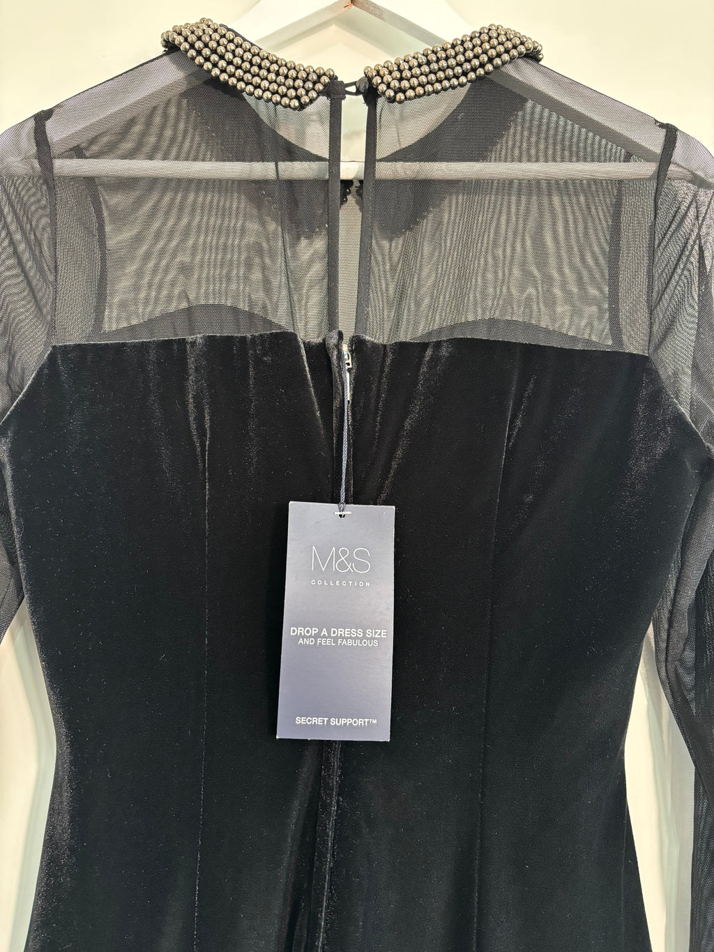 M&S Collection Black Velvet Mesh Studded Collar Dress Size 12 – BNWT
