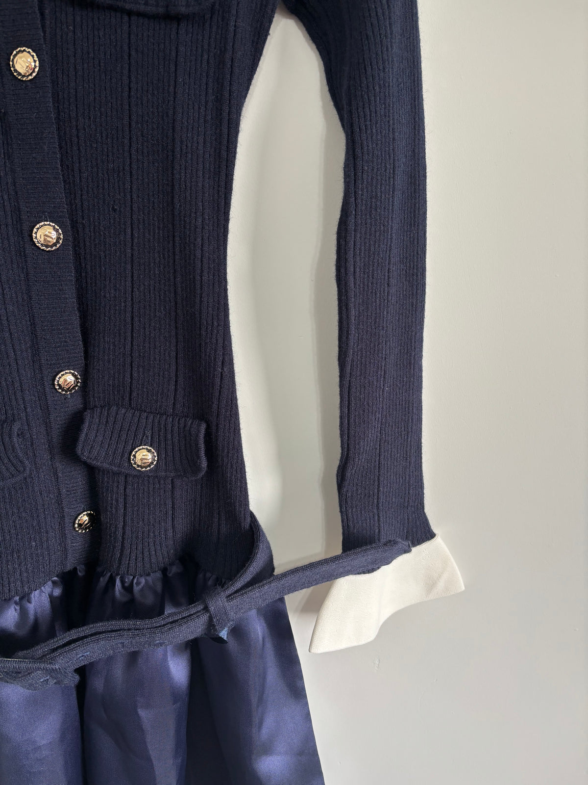Miss Rosier Fern Navy Blue Satin Panel Knit Midi Dress – Size XL UK 12-14