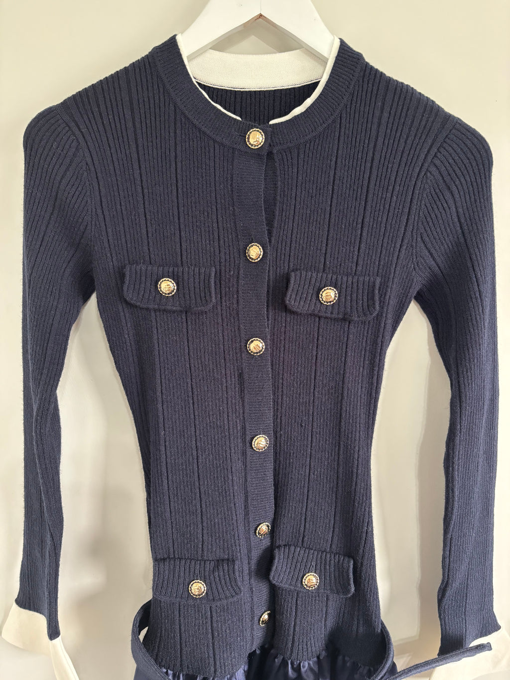 Miss Rosier Fern Navy Blue Satin Panel Knit Midi Dress – Size XL UK 12-14