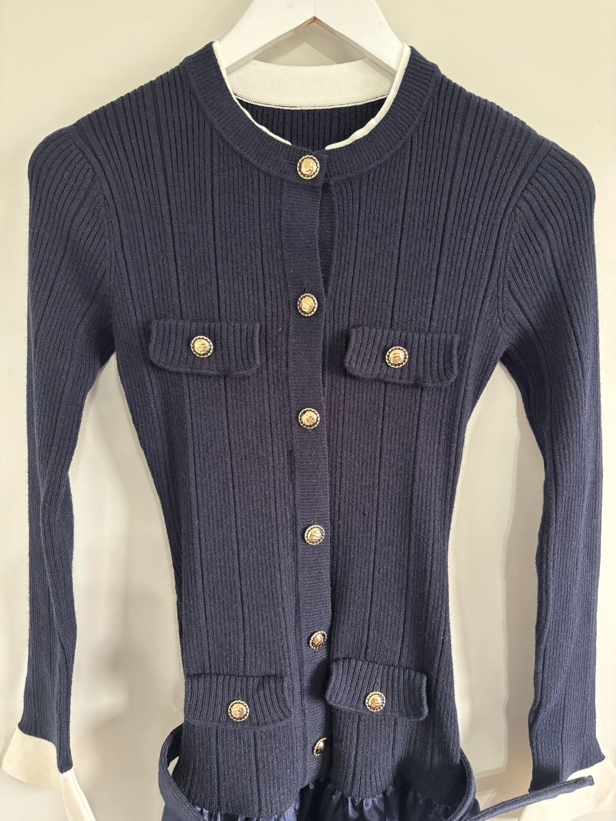 Miss Rosier Fern Navy Blue Satin Panel Knit Midi Dress – Size XL UK 12-14