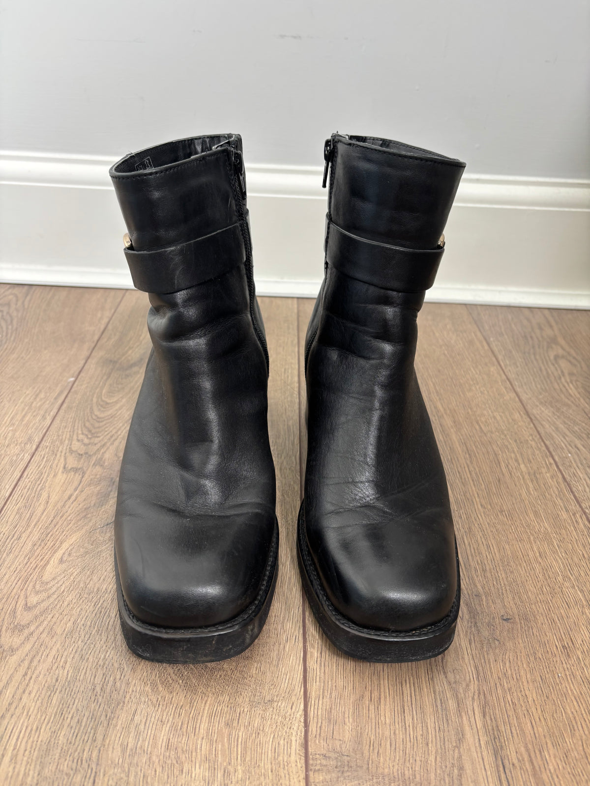 M&S Black Leather Ankle Boots Gold Buckle Block Heel Side Zip UK 6