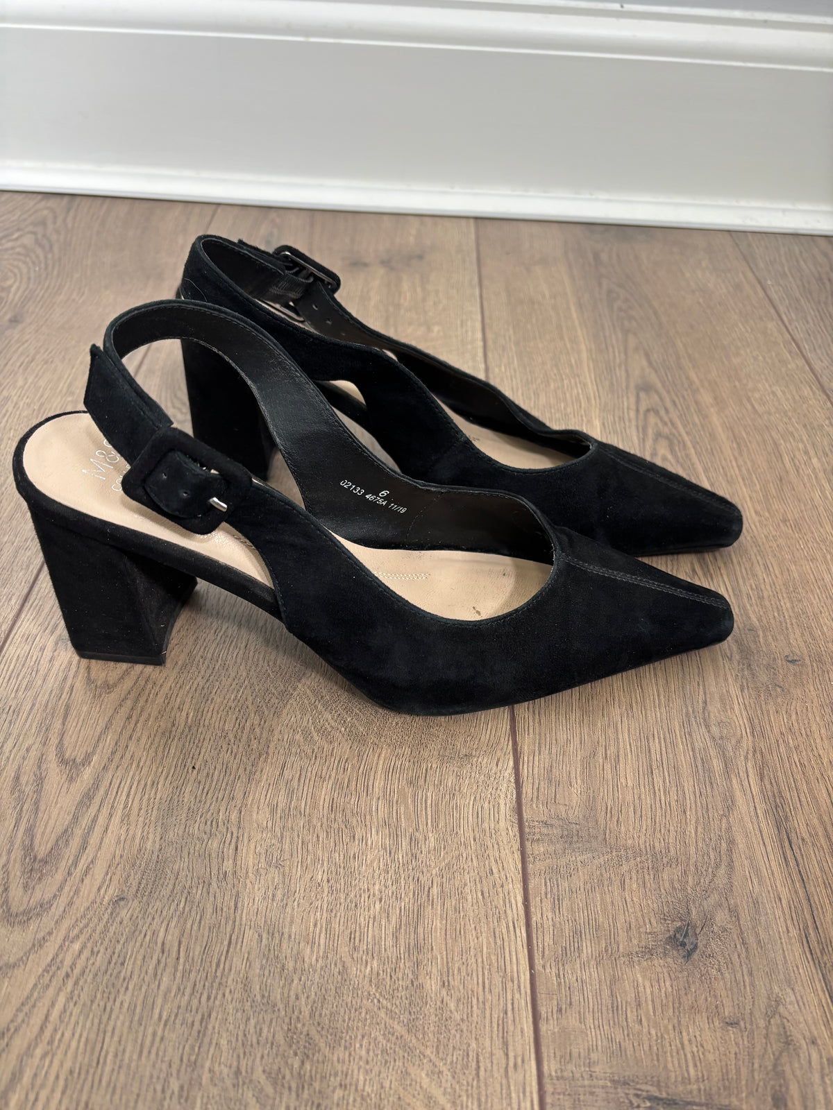 M&S Collection Black Suede Leather Slingback Block Heel Shoes UK 6