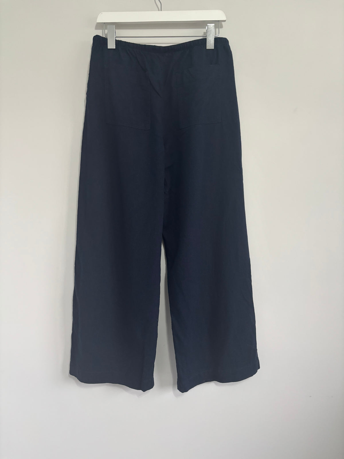 M&S Navy Linen Blend Wide Leg Trousers Elasticated Waist UK 14 Short