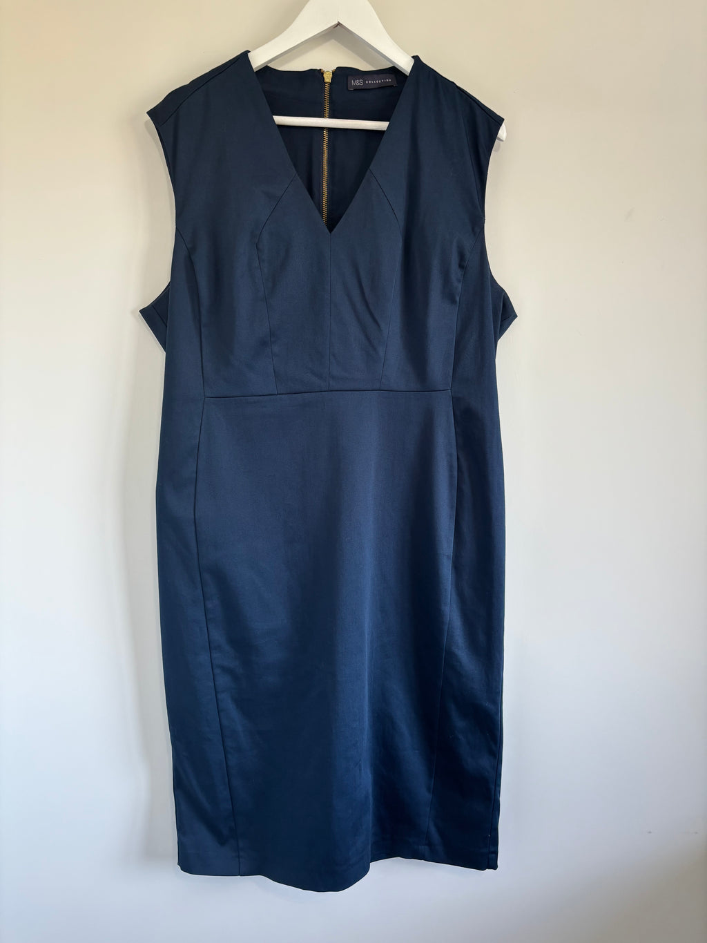M&S Collection Navy Blue V-Neck Pencil Dress UK 18 Gold Zip