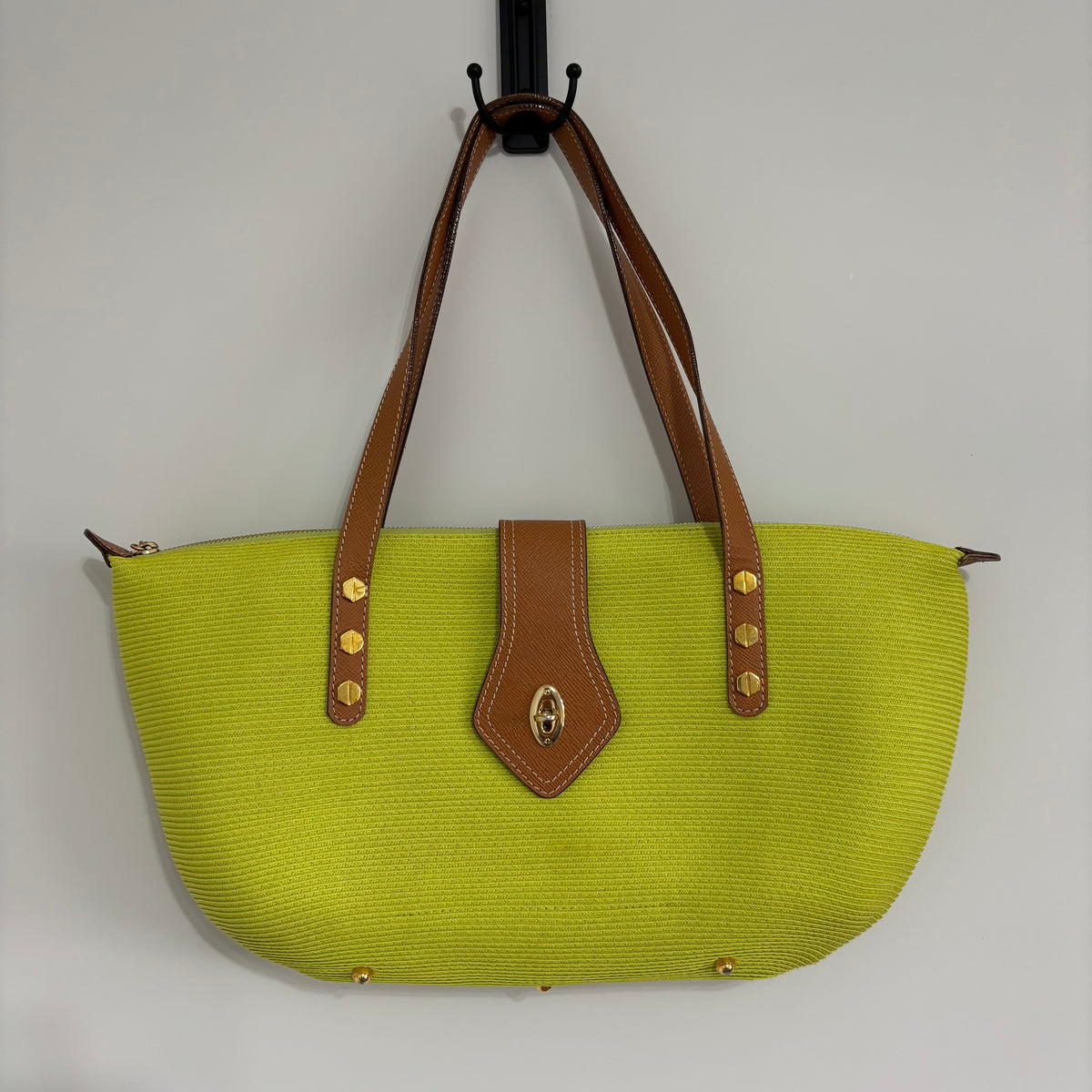 Eric Javits Lime Green Woven Tote Bag – Tan Leather & Gold Hardware
