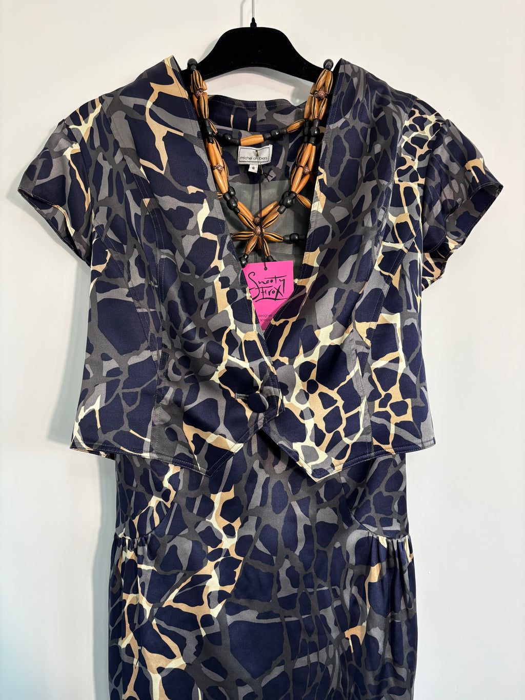 Michel Ambers 100% Silk Dress & Bolero Set Size 8 – Navy/Tan – BNWT RRP £525