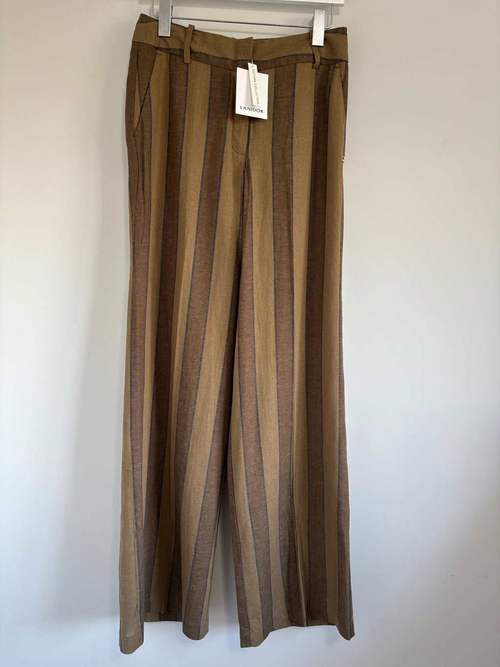 Lanidor Linen Blend Khaki & Brown Striped Wide Leg Trousers EU 36 UK Size 8