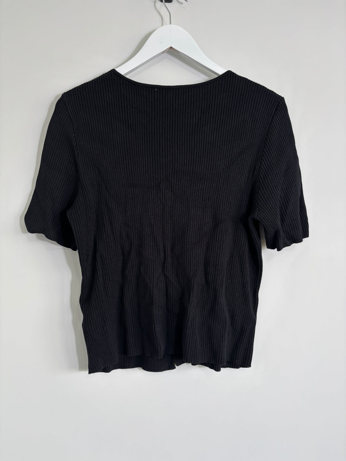 M&S Black Ribbed Knit Short Sleeve Cardigan Pearl Button Size Medium